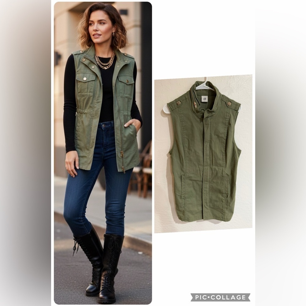 CAbi Explorer Olive Green Denim Sleeveless Vest Size Small Full Zip
